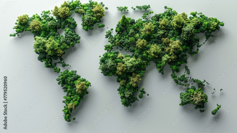 Green World Map- 3D tree or forest shape of world map isolated on white background. World Map Green Planet Earth Day or Environment day Concept. World Forestry Day. Green World Map- 3D tree or forest shape of world map isolated on white background. World Map Green Planet Earth Day or Environment day Concept. World Forestry Day.