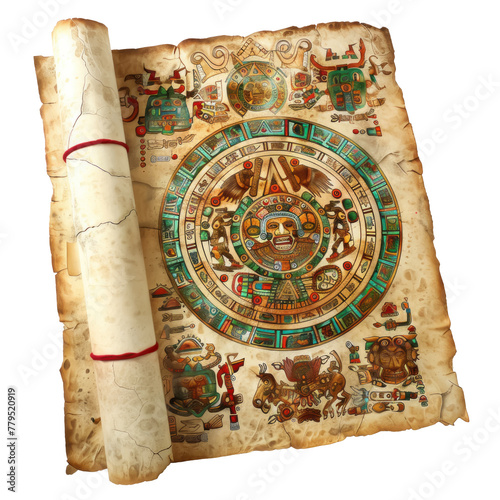 An Aztec codex laid flat, pictorial calendar and rituals depicted in bright, natural pigments, isolated on white isolated on white background