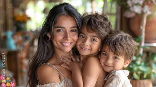 Mother's Day. Latin mother holds her two children. a boy. and a girl. as they hug