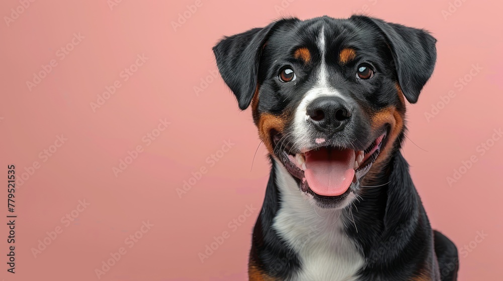Studio portrait of smiling black brown and white mixed breed rescue dog sitting and smiling against a pink background Studio portrait of smiling black brown and white mixed breed rescue dog sitting and smiling against a pink background