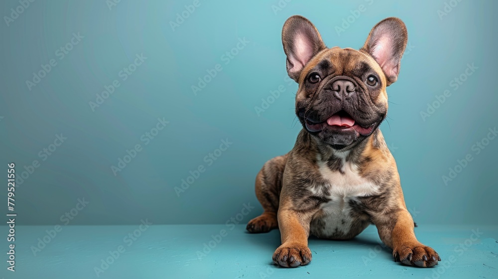 Studio portrait of smiling French bulldog sitting against a turquoise background