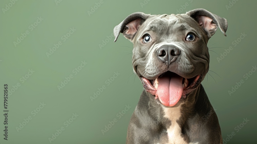 Studio portrait of smiling blue gray rescue pit bull type dog sitting with tongue out against a green background Studio portrait of smiling blue gray rescue pit bull type dog sitting with tongue out against a green background