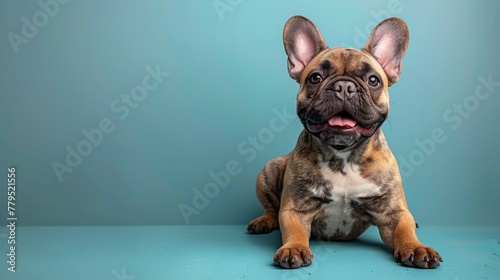Studio portrait of smiling French bulldog sitting against a turquoise background © Wanlop