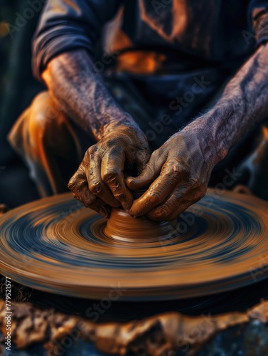 Potter shaping clay on wheel, focused craftsmanship, potter, clay, craftsmanship, creation, ceramic, design, artistry, artist, sculpt, wheel, workmanship, handcraft, practice, claywork, handwork, degr photo