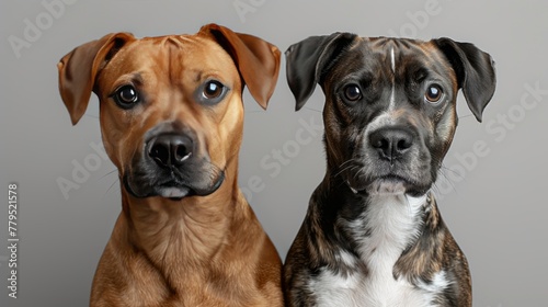 Studio portrait of two mixed breed brown and white rescue dogs standing next to each other and looking forward against a white light gray background