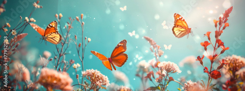 Beautiful nature background with flying butterflies and flowers on a turquoise blue background