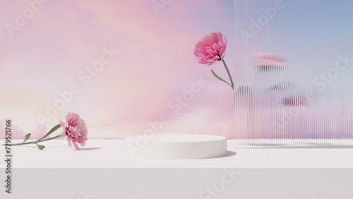 3D rendering image illustration of empty space podium display for product mockup flower background