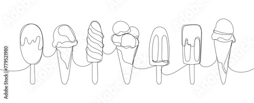 Ice cream continuous line drawing. One line Ice cream. Symbol dessert gelato in simple linear style. Different type ice cream summer set. Hand drawn minimalist style vector illustration