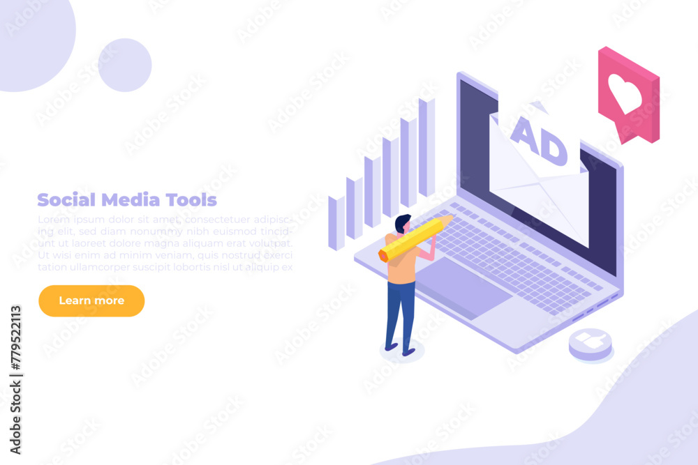 Cross-posting social, Social network, media promotion, push advertising concept. Isometric Vector illustration.