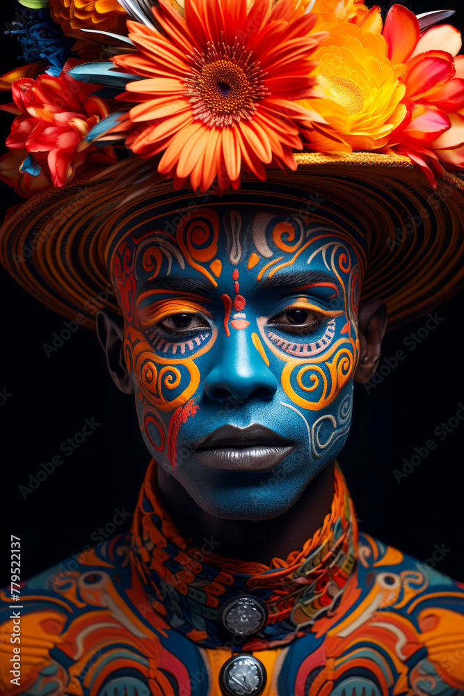 An artistic portrait of a person adorned with intricate tribal face paint and a vivid floral headdress against a dark background.
An artistic portrait of a person adorned with intricate tribal face paint and a vivid floral headdress against a dark background.
