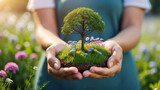 very realistic illustration of hand holding small garden with tree like ecological, spiritual and protection of nature concept 