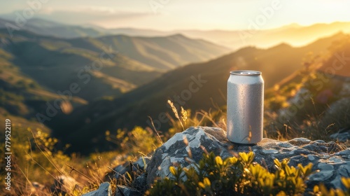 A tranquil scene featuring a beverage can on a rocky outcrop, bathed in the warm light of a setting sun over rolling hills. Product Mockup Concept photo