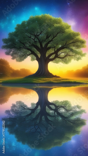 Illustration of a tree of life on a lake with reflection against a background of a colorful sky in pink, blue, yellow tones. Old tree. Scenery.