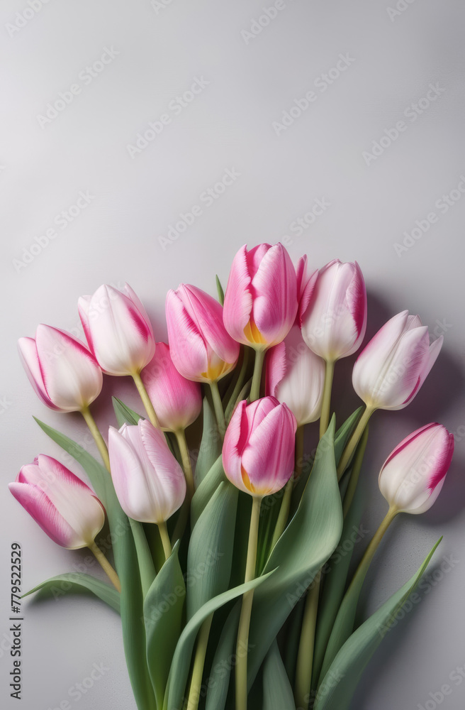 Bouquet, an armful of soft pink and white tulips on a light gray background, space for text at the top.