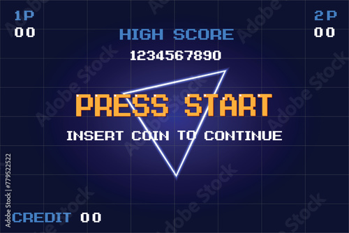 Press start, Retro games for game assets in retro futuristic sci-fi background vector illustration. Glowing neon from an old arcade