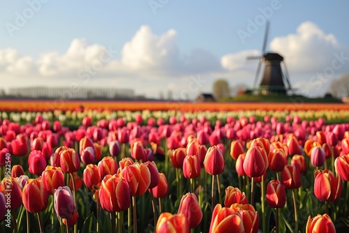 Tulips fild, Vast fields of tulips in Holland, windmill in the background, Ai generated #779522540