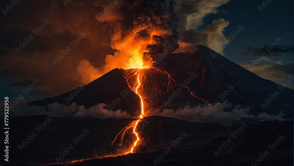 A volcano erupting at night.

