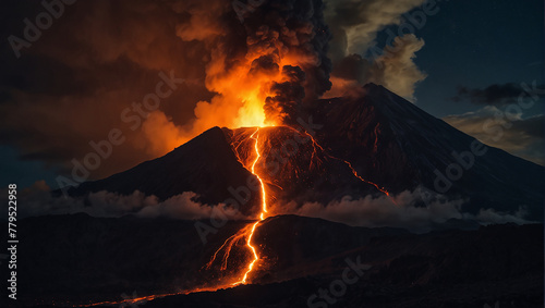 A volcano erupting at night.