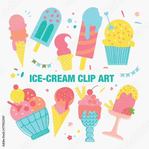 Collection of various multicolored ice cream icons. Vector illustration isolated on white background. ice cream clipart design for minimalist summer design and print, street food illustration or logo.
