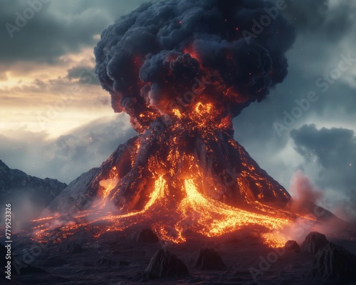 Volcanic eruption with ash cloud, ultra-realistic, volcano, eruption, render, cloud, effect, model, ash, particle, simulation, software, technique, visual, ultra, special, dispersion, artwork, fallout photo
