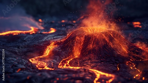 Volcano erupting at night, fiery lava flow, volcano, eruption, night, lava, flow, detail, magma, dangerous, volcanic, explosion, boil, red, trail, darkness, massive, heat, plume, nighttime, igneous, c