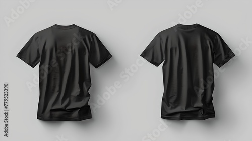 Minimalist black t-shirts displayed on a plain background. Ideal for branding and mock-ups. Simple design, versatile use for fashion and apparel. AI