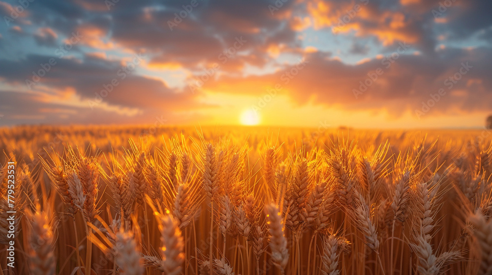 Sunset in a field of golden wheat at golden hour