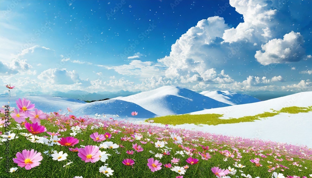 blue sky and beautiful clouds ,Cosmos flower field