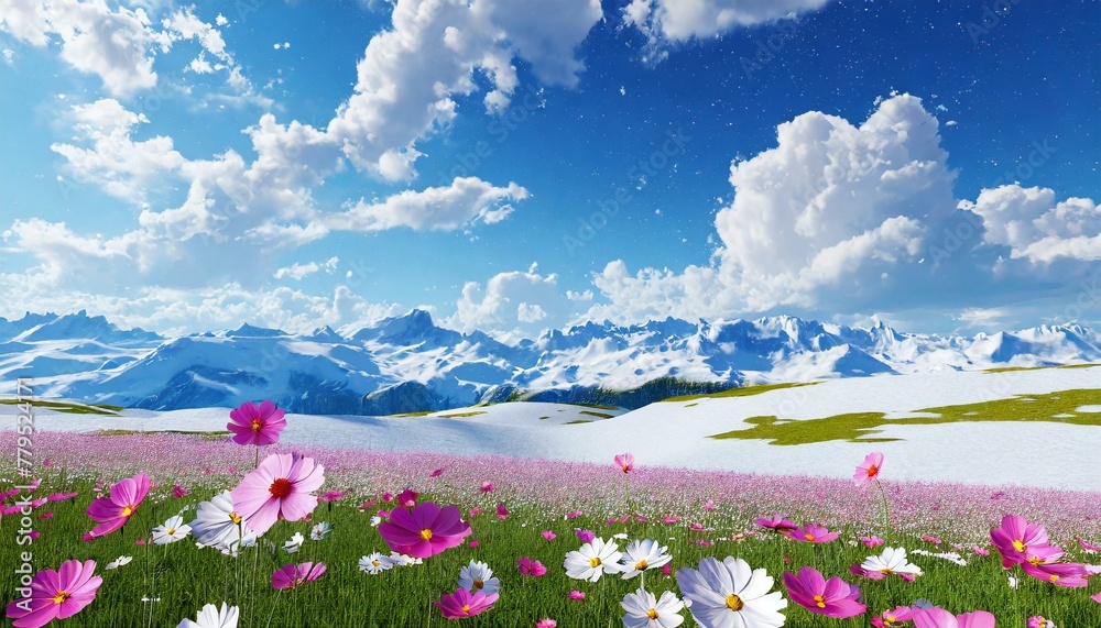 blue sky and beautiful clouds ,Cosmos flower field