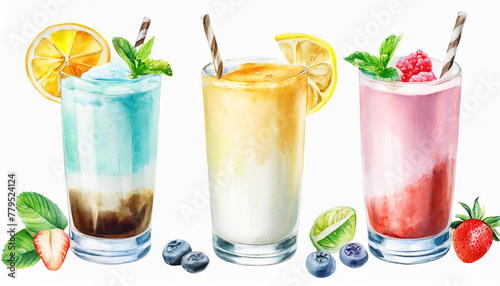 Watercolor illustration of glasses with different milkshakes. Tasty cold drink. Hand drawn art