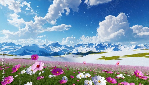 Obraz na płótnie blue sky and beautiful clouds ,Cosmos flower field w salonie