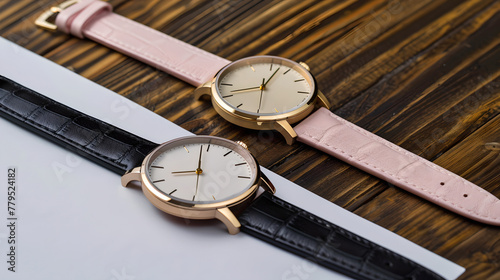 Elegant wristwatches for women on wooden background. Classic design, fashion accessories. Perfect for modern lifestyle. Trendy minimalist watches. AI