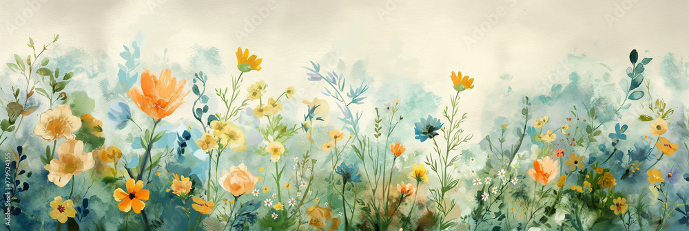 A painting of a field of flowers with a blue sky in the background A painting of a field of flowers with a blue sky in the background