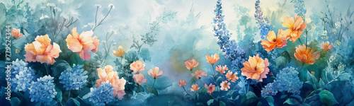A painting of a field of flowers with blue and orange flowers