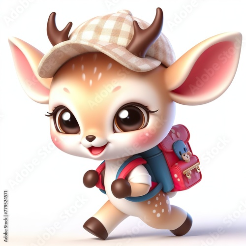 Cute character 3D image of A little gazelle is wearing a hat and carrying a backpack on the way to school  funny  smile  happy white background