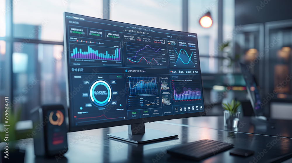 A computer monitor displays a number of graphs and charts