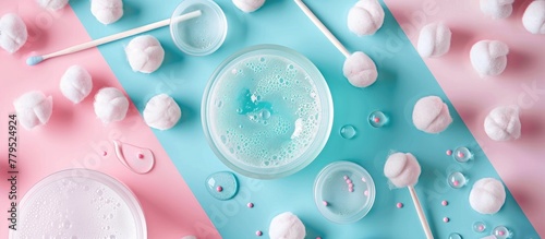 Cotton swabs, cotton balls, and soap bubbles on a pink and blue background. The liquid essence of water and moisture creates a pattern of electric blue circles and aqua petals
