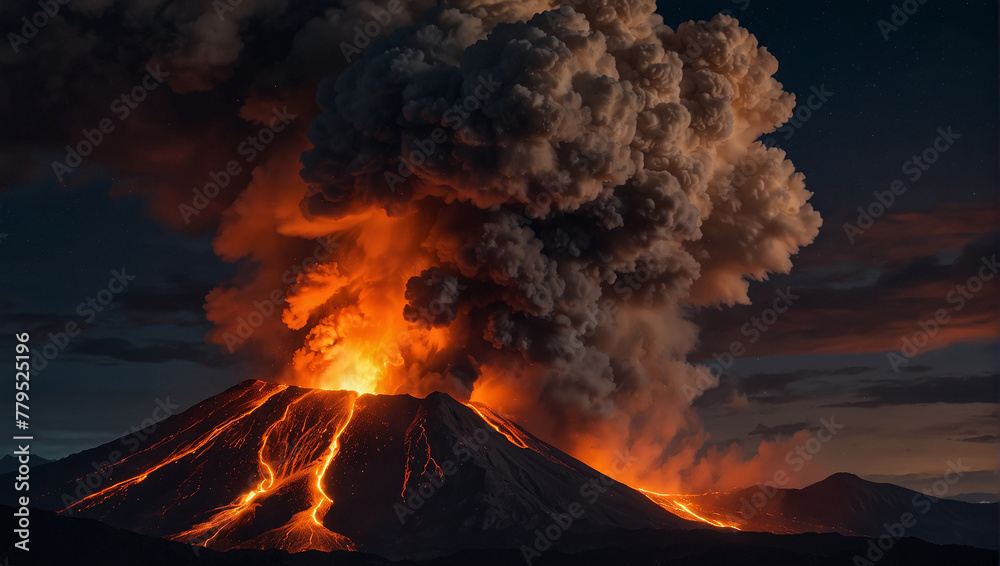 A volcano is erupting, spewing lava and ash into the sky.

