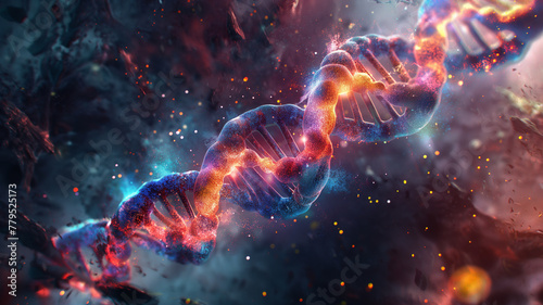 A colorful DNA strand with a blue and red base pair