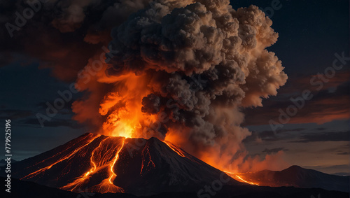 A volcano is erupting, spewing lava and ash into the sky.   © Noman