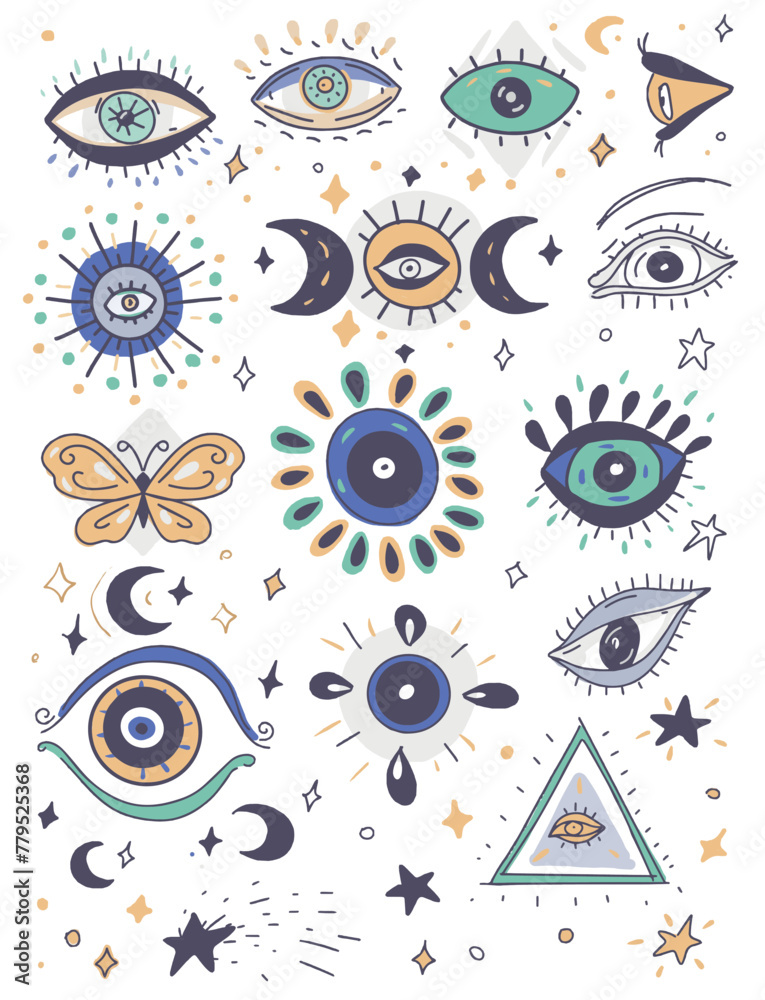Fototapeta premium Eyes magic hand drawn on a white background set of cute pictures cartoon stars moon mysticism tarot astrology