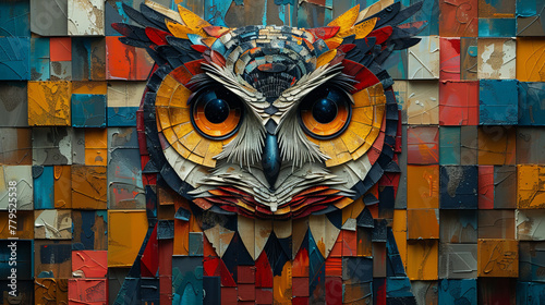 A colorful owl made of paper is the main focus of the image photo