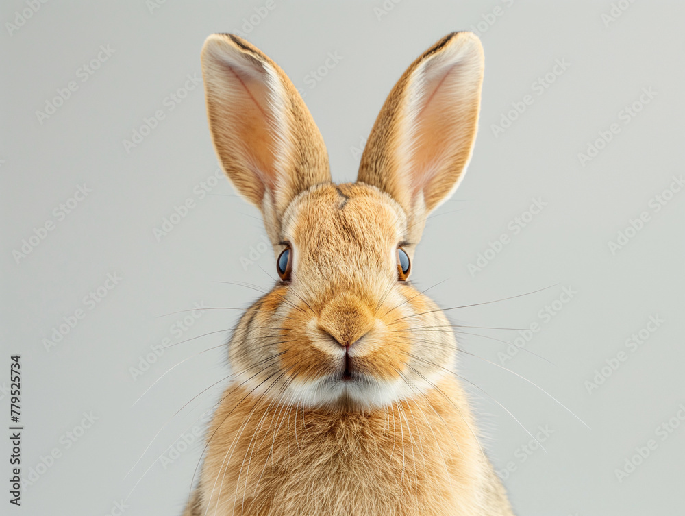 A rabbit with big ears and a big nose is staring at the camera