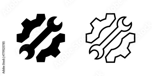 Settings button vector icon. Repair, fix or maintenance service logo. Mechanic tools: gear, cog, cogwheel, wrench, spanner. Hardware sign. Support technology symbol. Workshop illustration isolated.