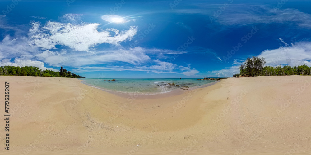 Tropical landscape with beautiful sandy beach. Borneo, Malaysia. Tindakon Dazang Beach. 360-Degree view.