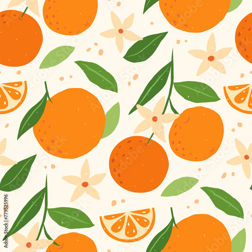 Tropical summer seamless pattern with oranges and flowers. Citrus fruit background. Modern trendy design for paper, cover, fabric. Vector illustration.