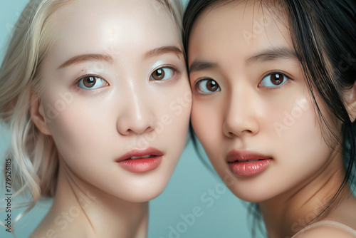 Ethereal Beauty Duo. An intimate portrait of two young women with immaculate skin, one with pale blonde hair and the other with dark hair, against a soft blue backdrop