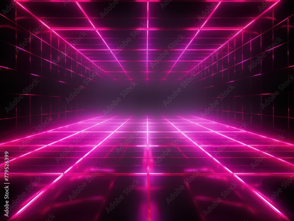 magenta light grid on dark background central perspective, futuristic retro style with copy space for design text photo backdrop