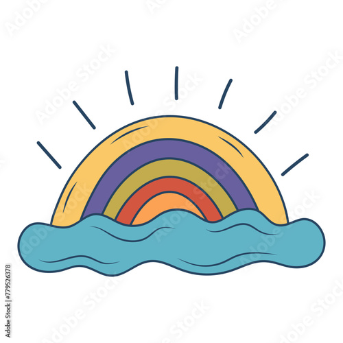 Retro groovy rainbow with cloud. Colorful cartoon psychedelic 60s, 70s style.