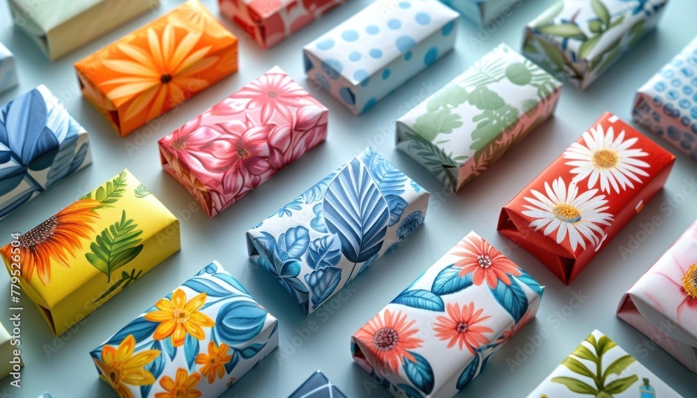 Floral-patterned boxes with various designs and colors on a blue background.